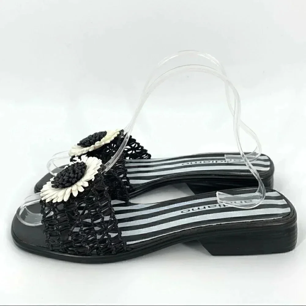 Andiamo womens sandals size 7.5 black white floral daisy vintage 90s slides